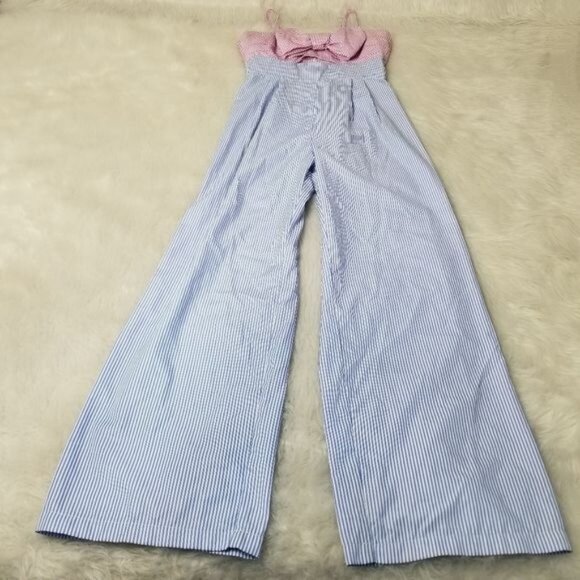 Romeo + Juliet Couture Woven Pinstripe Bow Bust Jumpsuit Small - Picture 10 of 11